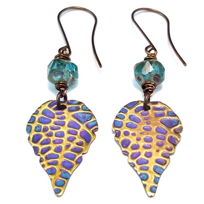 Etch Patterned And Patina'd Custom Leaf Drop Earrings