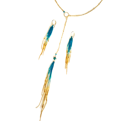 Turquoise Blue 14k Beadwork Fringe Earrings Or Lariart Necklaace