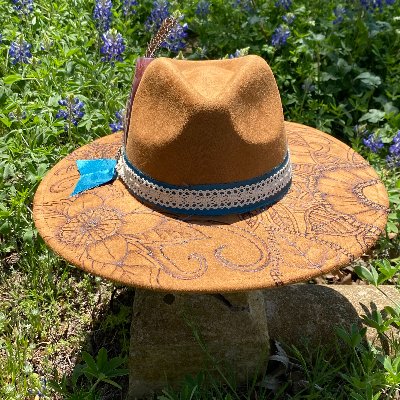 Hand Burned Paisley Western Rancher Style Cowgirl Customizable Women’S Felt Hat With Custom Hat Band & Extra Wide Brim
