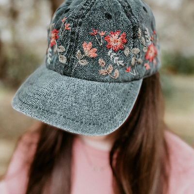 Hand Embroidered Floral Baseball Cap